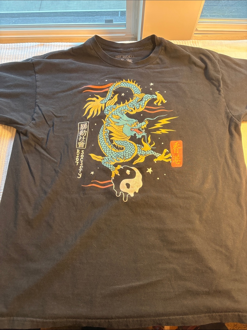 Riot Society Black Dragon Graphic Tee with Yellow & Teal Art